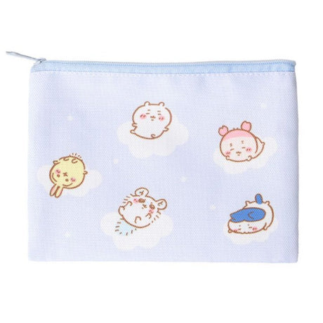 A light blue canvas pouch featuring officially licensed Chiikawa characters—including Chiikawa, Hachiware, Usagi, and Momonga—napping on clouds. The pouch has a flat, rectangular design with a secure top zipper in a matching pale blue shade.
