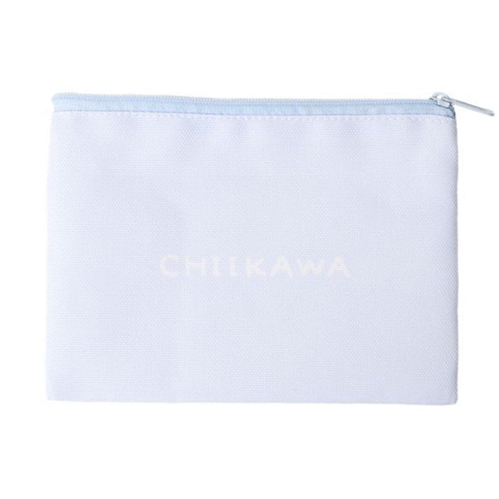 A light blue canvas pouch featuring officially licensed Chiikawa characters—including Chiikawa, Hachiware, Usagi, and Momonga—napping on clouds. The pouch has a flat, rectangular design with a secure top zipper in a matching pale blue shade.