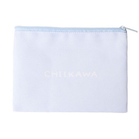 A light blue canvas pouch featuring officially licensed Chiikawa characters—including Chiikawa, Hachiware, Usagi, and Momonga—napping on clouds. The pouch has a flat, rectangular design with a secure top zipper in a matching pale blue shade.
