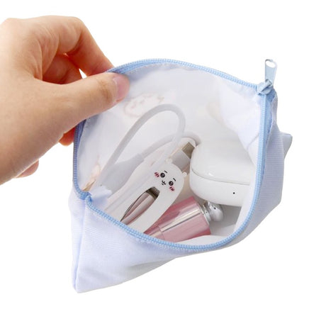 A light blue canvas pouch featuring officially licensed Chiikawa characters—including Chiikawa, Hachiware, Usagi, and Momonga—napping on clouds. The pouch has a flat, rectangular design with a secure top zipper in a matching pale blue shade.