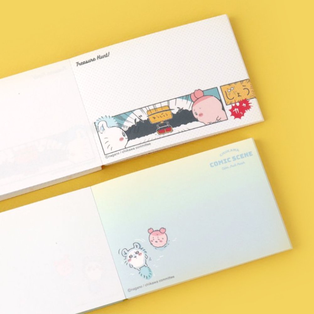 Officially licensed Chiikawa memo pads, one featuring a blue aquatic theme and the other a colorful comic book panel design. The interior pages show detailed character illustrations of Chiikawa, Hachiware, and Usagi.