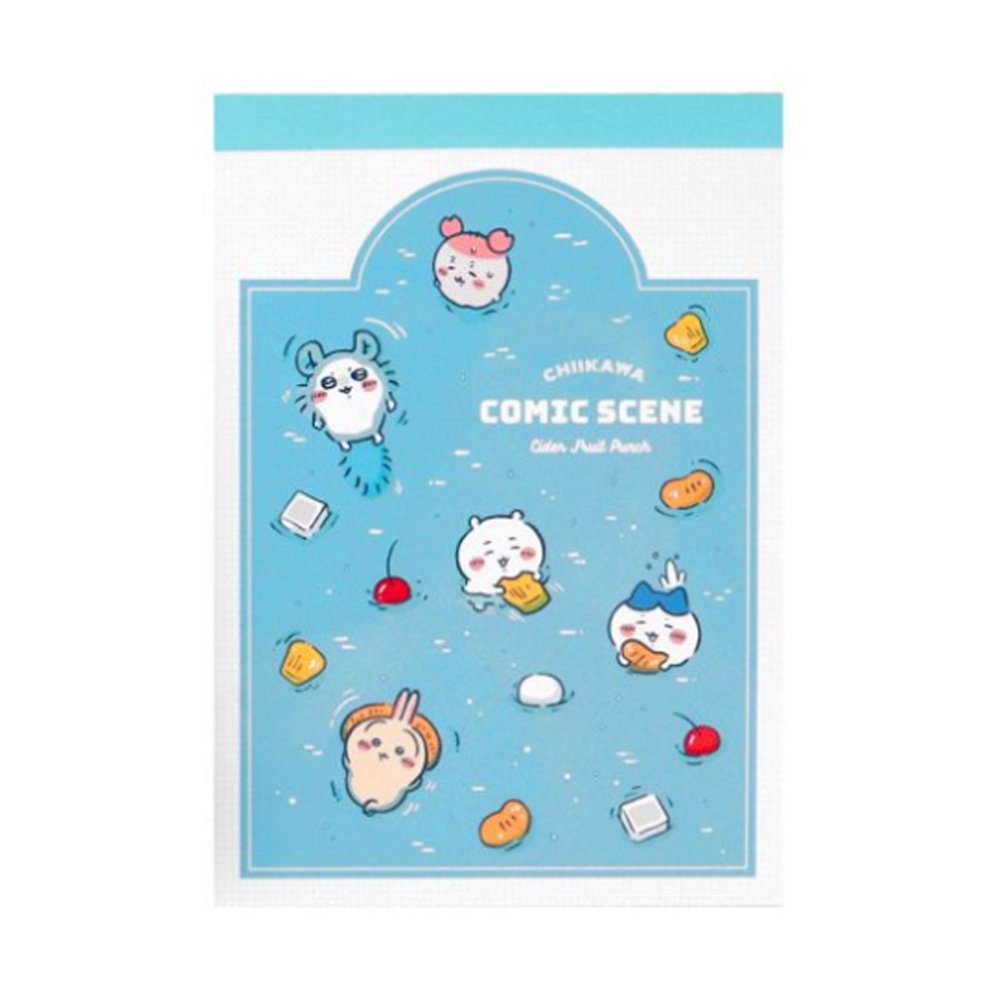 Officially licensed Chiikawa memo pads, one featuring a blue aquatic theme and the other a colorful comic book panel design. The interior pages show detailed character illustrations of Chiikawa, Hachiware, and Usagi.