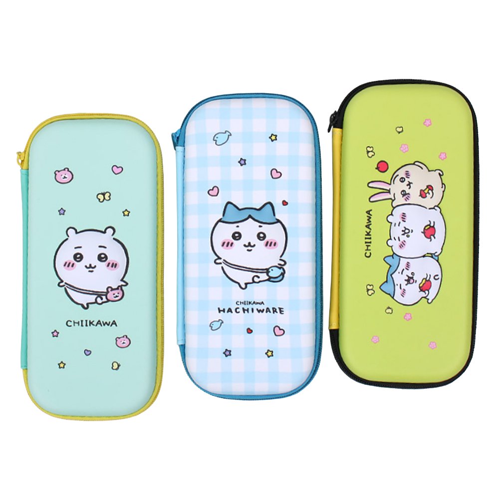 A set of three officially licensed Chiikawa hard-shell pencil cases in mint green, blue gingham, and lime green featuring the characters Chiikawa, Hachiware, and Usagi. Each case displays a high-quality character illustration with a sturdy zip-around closure.