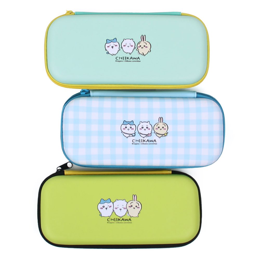 A set of three officially licensed Chiikawa hard-shell pencil cases in mint green, blue gingham, and lime green featuring the characters Chiikawa, Hachiware, and Usagi. Each case displays a high-quality character illustration with a sturdy zip-around closure.