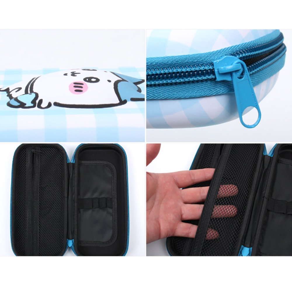 A set of three officially licensed Chiikawa hard-shell pencil cases in mint green, blue gingham, and lime green featuring the characters Chiikawa, Hachiware, and Usagi. Each case displays a high-quality character illustration with a sturdy zip-around closure.
