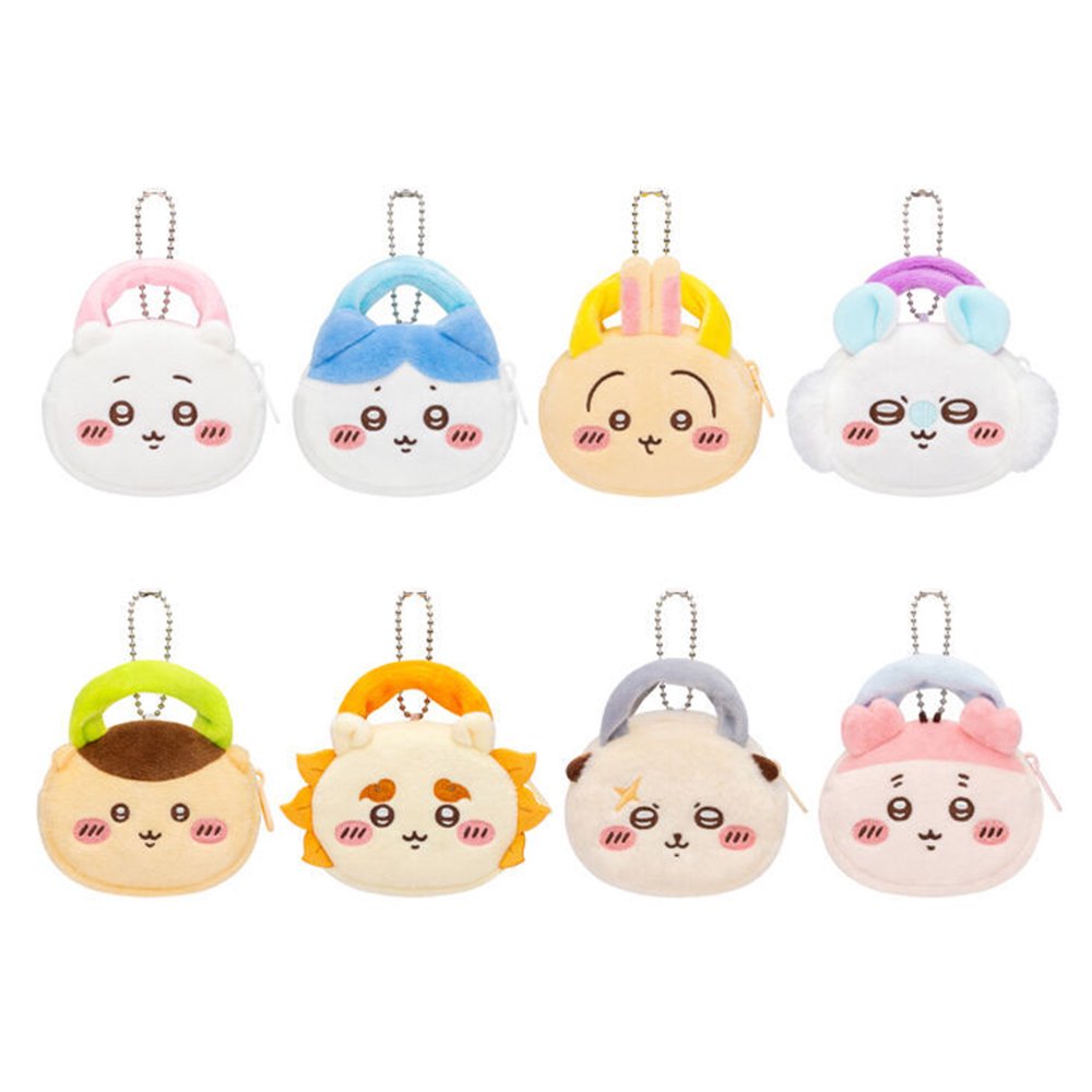 A collection of eight officially licensed Chiikawa plush mini pouch keychains featuring characters like Chiikawa, Hachiware, Usagi, Racco, Momonga, Kurimanju, Shisa, and Kani. Each colorful, rounded pouch has a small handle, a silver ball chain, and detailed embroidered facial expressions.