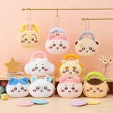 A collection of eight officially licensed Chiikawa plush mini pouch keychains featuring characters like Chiikawa, Hachiware, Usagi, Racco, Momonga, Kurimanju, Shisa, and Kani. Each colorful, rounded pouch has a small handle, a silver ball chain, and detailed embroidered facial expressions.