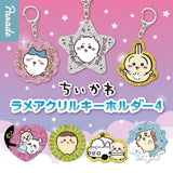 Officially licensed Chiikawa glitter acrylic keychains featuring sparkling star, heart, and scalloped shaped charms with Hachiware, Chiikawa, Usagi, and Momonga
