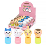 An official licensed collection of Chiikawa mystery figure stamps. Four characters—Hachiware on a blue base, Chiikawa on a pink base, Usagi on a yellow base, and Kurimanju on a lime green base—are shown holding ice cream bars.