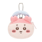 An officially licensed Chiikawa and Friends fluffy mini pouch keychain, featuring the light pink, round pouch features Kani's face with embroidered details, pink plush ears, and a silver ball chain for hanging.