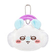 An officially licensed Chiikawa and Friends fluffy mini pouch keychain, featuring the white, round pouch features Momonga face with embroidered details, light blue plush ears, and a silver ball chain for hanging.
