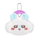 An officially licensed Chiikawa and Friends fluffy mini pouch keychain, featuring the white, round pouch features Momonga face with embroidered details, light blue plush ears, and a silver ball chain for hanging.