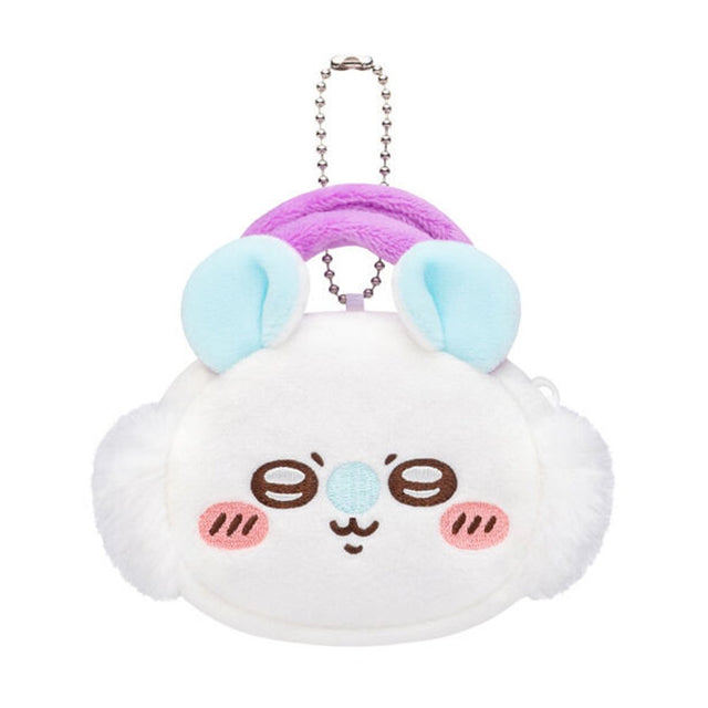 An officially licensed Chiikawa and Friends fluffy mini pouch keychain, featuring the white, round pouch features Momonga face with embroidered details, light blue plush ears, and a silver ball chain for hanging.