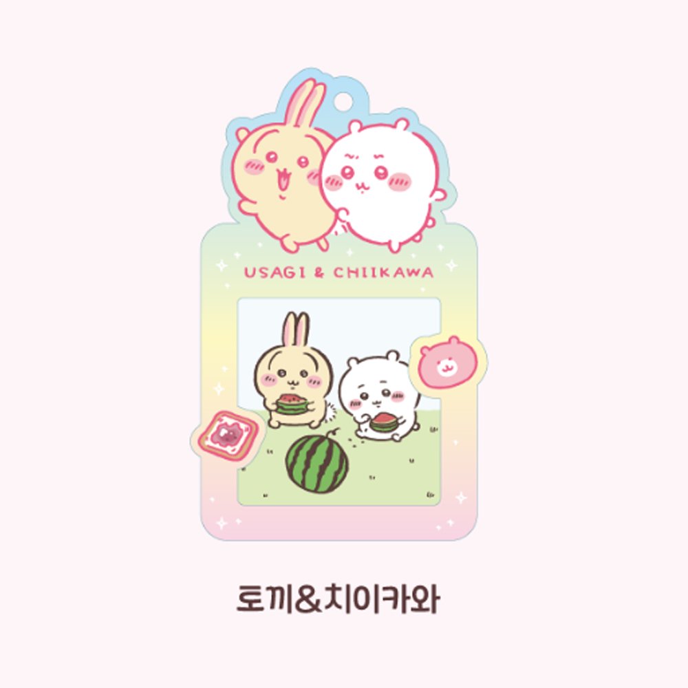 Colorful, officially licensed Chiikawa photo frame keychains featuring pastel gradients, character illustrations, and transparent window slots. Gold keyrings and lobster clasps are attached at the top of each charm holder.