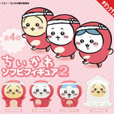 Four officially licensed Chiikawa vinyl figures, featuring characters Chiikawa, Usagi, and Hachiware in red octopus and white squid costumes with blue and white polka-dot headbands.