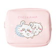 A pastel pink square cosmetic pouch featuring officially licensed Chiikawa, Momonga, Hachiware, and Usagi character art. The pouch has a soft, textured finish and a sturdy zipper, designed for portable storage of small items.