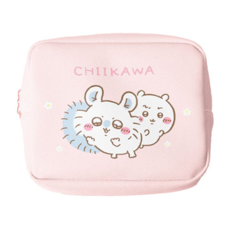 A pastel pink square cosmetic pouch featuring officially licensed Chiikawa, Momonga, Hachiware, and Usagi character art. The pouch has a soft, textured finish and a sturdy zipper, designed for portable storage of small items.