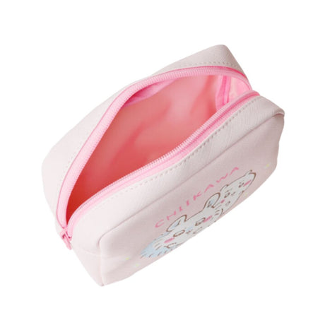 A pastel pink square cosmetic pouch featuring officially licensed Chiikawa, Momonga, Hachiware, and Usagi character art. The pouch has a soft, textured finish and a sturdy zipper, designed for portable storage of small items.