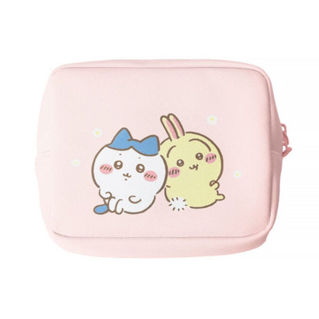 A pastel pink square cosmetic pouch featuring officially licensed Chiikawa, Momonga, Hachiware, and Usagi character art. The pouch has a soft, textured finish and a sturdy zipper, designed for portable storage of small items.