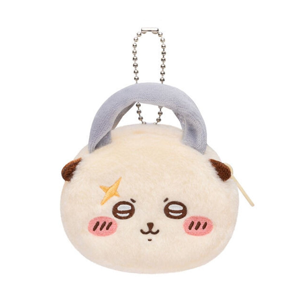 An officially licensed Chiikawa and Friends fluffy mini pouch keychain, featuring the beige, round pouch features Rakko's face with embroidered details, plush ears, and a silver ball chain for hanging.