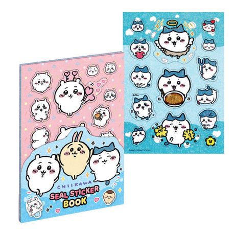 An officially licensed Chiikawa Seal Sticker Book featuring eight different sticker sheets inside, each filled with various colorful character designs, expressions, and themed illustrations.