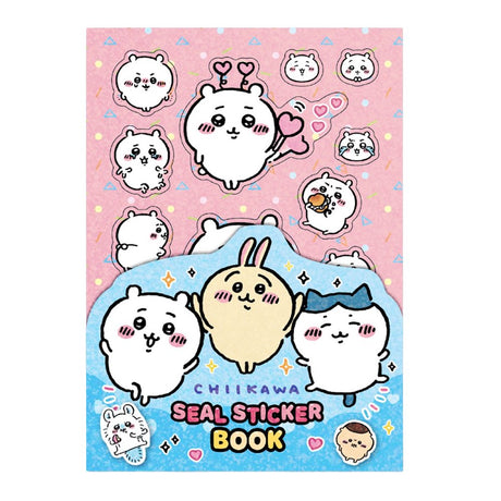 An officially licensed Chiikawa Seal Sticker Book featuring eight different sticker sheets inside, each filled with various colorful character designs, expressions, and themed illustrations.