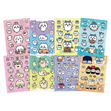 An officially licensed Chiikawa Seal Sticker Book featuring eight different sticker sheets inside, each filled with various colorful character designs, expressions, and themed illustrations.