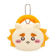 An officially licensed Chiikawa and Friends fluffy mini pouch keychain, featuring the ivory yellow, round pouch features Shisa's face with embroidered details like orange mane and plush ears, and a silver ball chain for hanging.