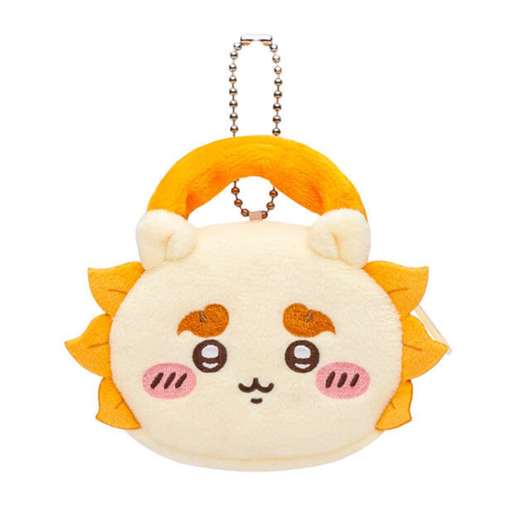 An officially licensed Chiikawa and Friends fluffy mini pouch keychain, featuring the ivory yellow, round pouch features Shisa's face with embroidered details like orange mane and plush ears, and a silver ball chain for hanging.
