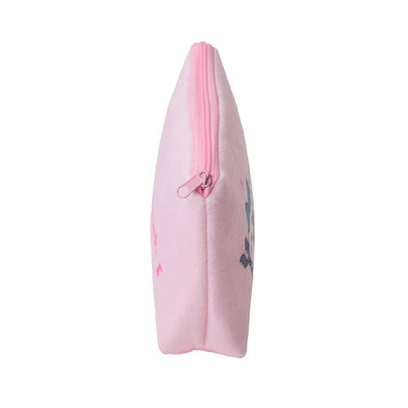A soft pink plush pouch featuring an officially licensed illustration of Chiikawa characters Hachiware, Chiikawa, and Usagi holding staffs. The back shows the Chiikawa brand name in hot pink text surrounded by musical notes, all secured with a matching pink zipper.