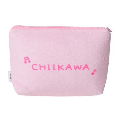 A soft pink plush pouch featuring an officially licensed illustration of Chiikawa characters Hachiware, Chiikawa, and Usagi holding staffs. The back shows the Chiikawa brand name in hot pink text surrounded by musical notes, all secured with a matching pink zipper.