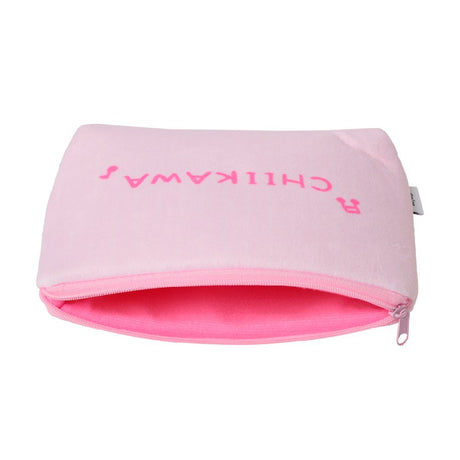 A soft pink plush pouch featuring an officially licensed illustration of Chiikawa characters Hachiware, Chiikawa, and Usagi holding staffs. The back shows the Chiikawa brand name in hot pink text surrounded by musical notes, all secured with a matching pink zipper.