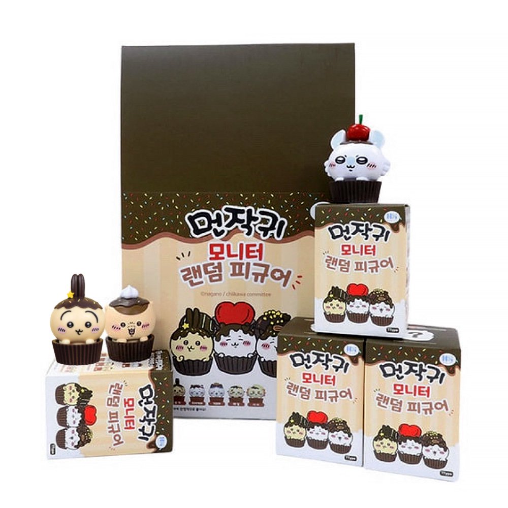 An official licensed collection of Chiikawa mystery Sweet Series blind boxes featuring brown and secret pink cupcake-themed packaging. Characters like Chiikawa, Hachiware, and Usagi are styled as cupcakes with frosting and sprinkles.