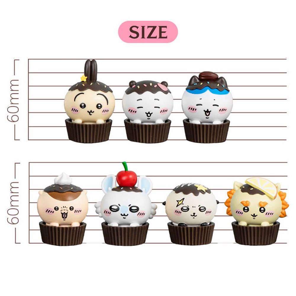 An official licensed collection of Chiikawa mystery Sweet Series blind boxes featuring brown and secret pink cupcake-themed packaging. Characters like Chiikawa, Hachiware, and Usagi are styled as cupcakes with frosting and sprinkles.