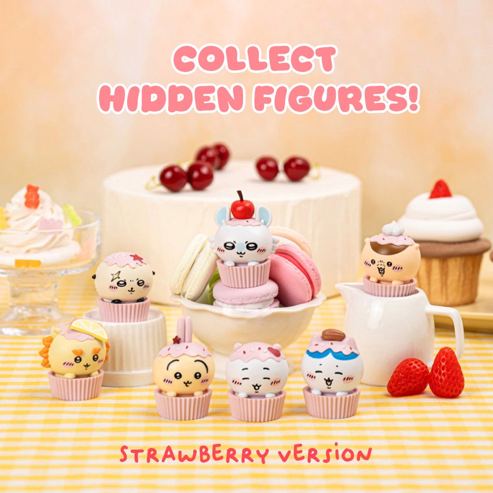 An official licensed collection of Chiikawa mystery Sweet Series blind boxes featuring brown and secret pink cupcake-themed packaging. Characters like Chiikawa, Hachiware, and Usagi are styled as cupcakes with frosting and sprinkles.