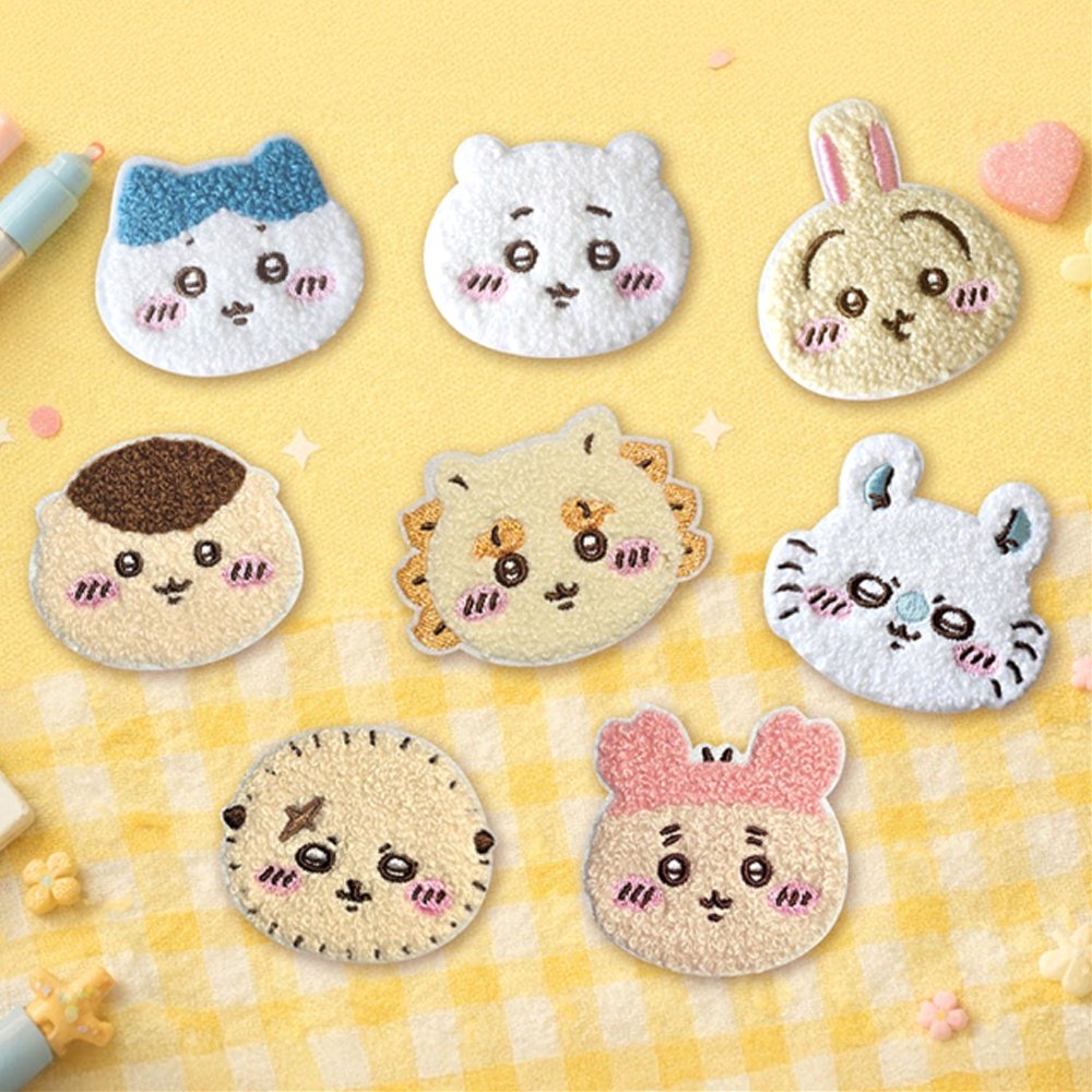 Officially licensed Chiikawa collection of eight fuzzy, plush-embroidered ticochi character face magnet blind box featuring Chiikawa, Hachiware, Usagi, and friends
