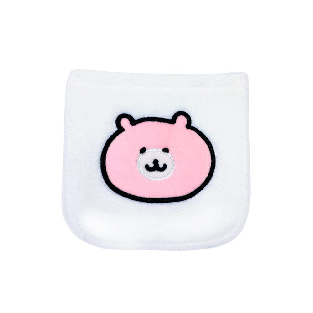 Close-up of the upgraded pink bear pochette embroidery on the pocket of the SAZAC Chiikawa Kigurumi Vol. 2 Onesie Costume. Shows the high-quality stitched detail of Chiikawa's signature bear bag accessory on white fleece fabric