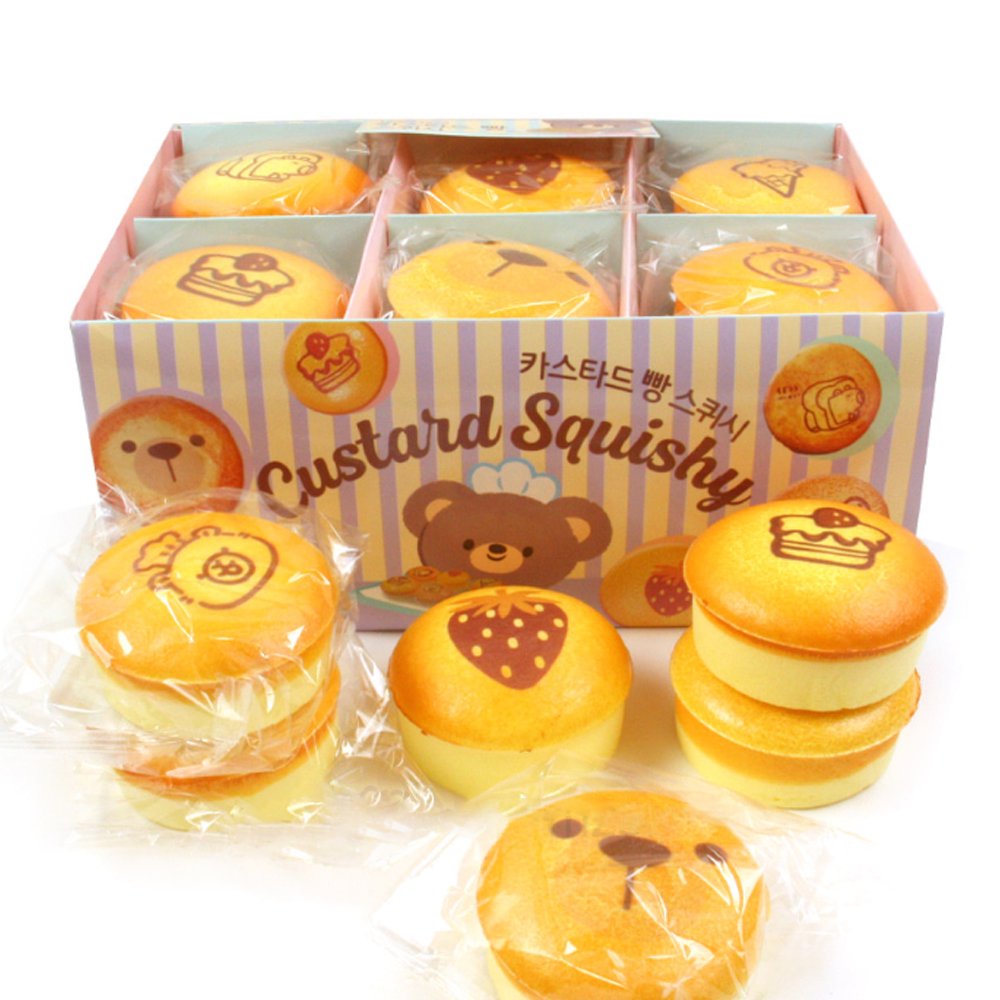 Custard Bun Squishy toys styled like golden baked custard bread with printed bear and dessert illustrations