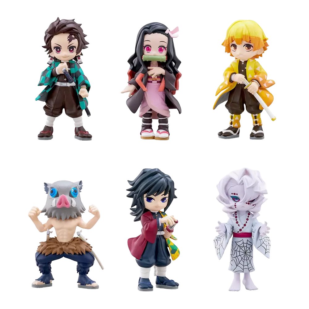 A collection of six officially licensed Demon Slayer figures, featuring Tanjiro, Nezuko, Zenitsu, Inosuke, Giyu, and Rui in their signature outfits.