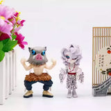 A collection of six officially licensed Demon Slayer figures, featuring Tanjiro, Nezuko, Zenitsu, Inosuke, Giyu, and Rui in their signature outfits.