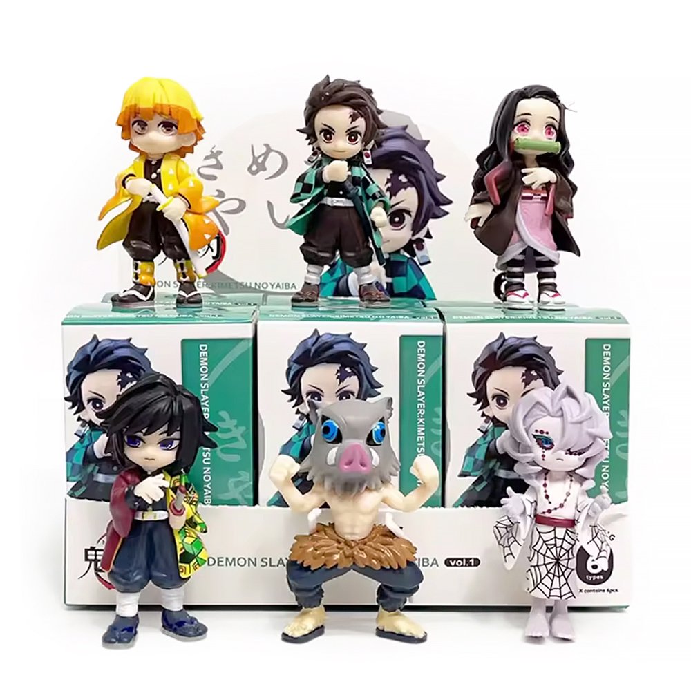A collection of six officially licensed Demon Slayer figures, featuring Tanjiro, Nezuko, Zenitsu, Inosuke, Giyu, and Rui in their signature outfits.