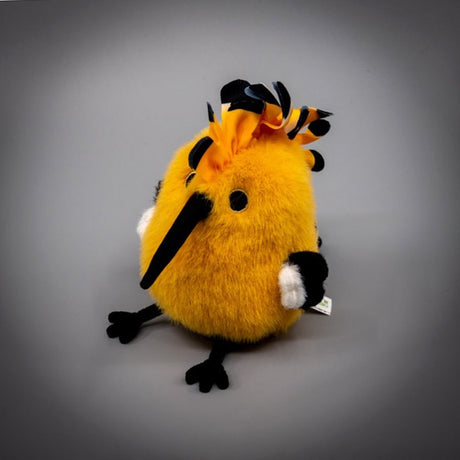 A round, fluffy golden-yellow Eurasian Hoopoe bird plush keychain with a tall orange and black crest, a long black beak, and small black feet