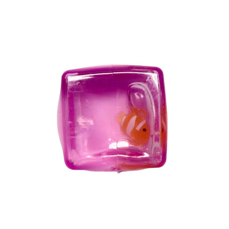 Clear pink Fish Ice Cube Squishy Toy featuring a mini orange clownfish embedded inside a jelly-like cube. This satisfying fidget sensory toy provides stress relief and tactile healing for adults and kids. A popular aesthetic desk accessory and viral fidget toy ideal for office stress-relief gifts