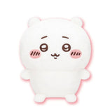 Front view of the officially licensed Chiikawa sitting plush toy from the Vol. 1 blind box series. A soft, round, white plush character with blushing pink cheeks, small ears, and an adorable smiling expression sitting upright on a white background