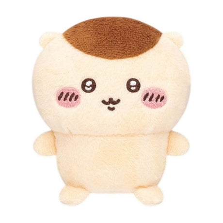 Front view of the officially licensed Kurimanju sitting plush toy from the Chiikawa Vol. 1 blind box series. A beige plush character with a chestnut-brown top, rosy cheeks, and a gentle smiling face sitting upright on a white background