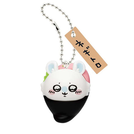 Front view of the officially licensed Momonga gunkan sushi keychain from the Chiikawa blind box series. Fluffy Momonga character wrapped in seaweed gunkan sushi, featuring a silver ball chain and Japanese wooden tag