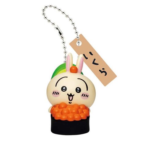 Front view of the officially licensed Usagi salmon roe sushi keychain from the Chiikawa blind box series. Usagi popping out from orange salmon roe (Ikura) wrapped in black seaweed gunkan, featuring a silver ball chain and wooden tag