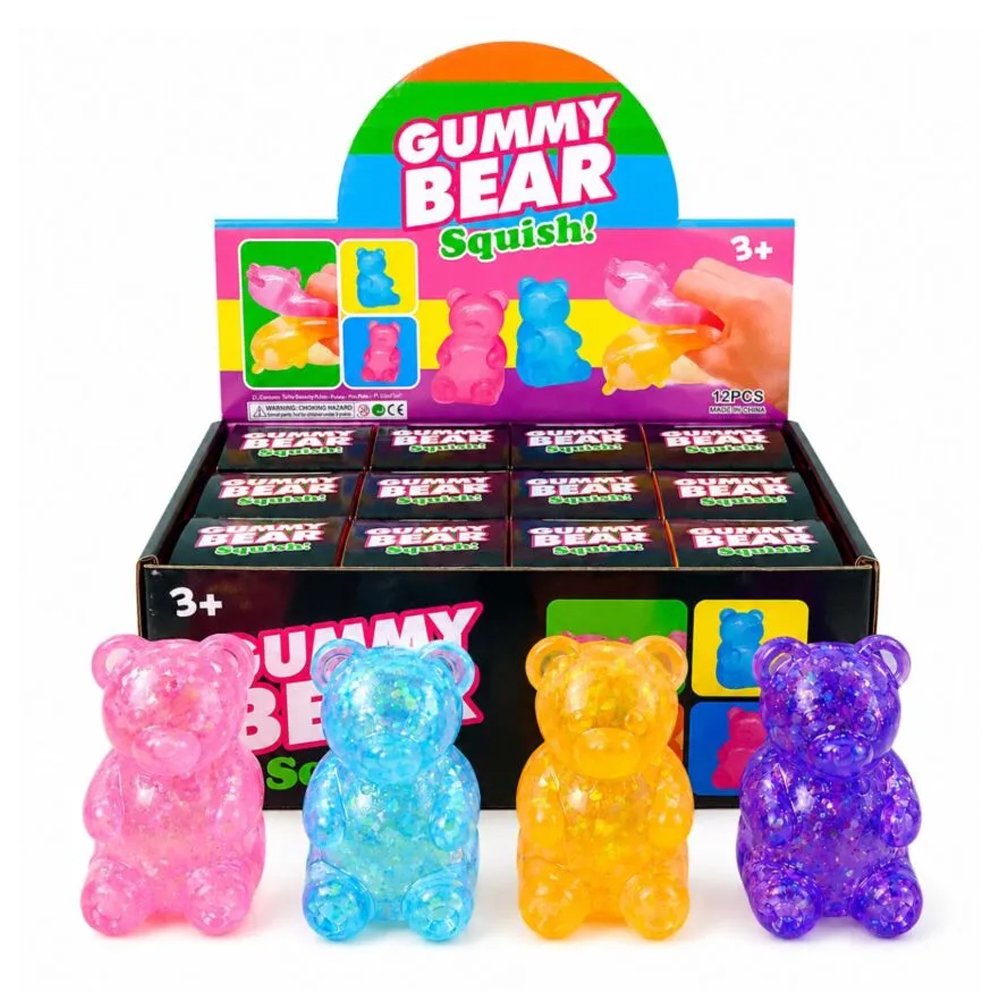 Translucent gummy bear-shaped squishy stress toys filled with sparkling glitter in pink, blue, yellow, and purple