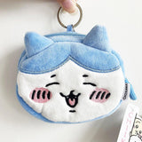 Hachiware blue and white face pouch clip-on keychain. A small plush coin purse with a secure metal clip, designed as a Japanese kawaii character accessory for kids and collectors."