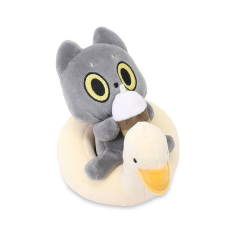 An officially licensed 6-inch Hakongee cat plush by WSL sitting in a cream duck floatie while holding a coffee cup